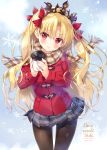  1girl ameto_yuki bangs blonde_hair blush bow brown_legwear brown_scarf coat coffee_cup commentary_request cup disposable_cup duffel_coat ereshkigal_(fate/grand_order) eyebrows_visible_through_hair fate/grand_order fate_(series) fingernails fringe_trim grey_skirt hair_between_eyes hair_bow head_tilt holding holding_cup long_hair long_sleeves looking_at_viewer pantyhose parted_lips plaid plaid_scarf plaid_skirt pleated_skirt red_bow red_coat red_eyes scarf skirt sleeves_past_wrists snowflakes solo tiara two_side_up very_long_hair 