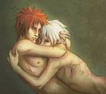  2boys akatsuki_(naruto) artist_request closed_eyes earrings eyes_closed fluister grey_eyes hatake_kakashi hug male multiple_boys muscle naruto naruto_shippuuden nipples nude orange_hair pain_(naruto) pein piercing piercings scar scars short_hair silver_hair source_request spiked_hair white_hair yaoi 