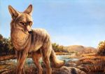  ambiguous_gender black_nose canid canine canis coyote feral fur grass green_eyes kenket low_res mammal mountain outside sky solo standing tan_fur tree water 
