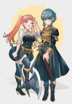  2girls axe belt blue_hair blue_legwear boots braid closed_mouth crown_braid epaulettes fire_emblem fire_emblem:_three_houses garreg_mach_monastery_uniform highres hilda_valentine_goneril holding holding_axe long_hair long_sleeves marianne_von_edmund mcrmc multiple_girls one_eye_closed pink_eyes pink_hair scabbard sheath sheathed short_sleeves thighhighs tongue tongue_out twintails uniform zettai_ryouiki 