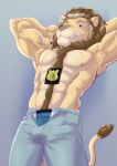  2019 abs abstract_background akiric anthro armpit_hair biceps bottomwear brown_eyes clothed clothing disney elbow_tufts felid grey_background hands_behind_head hi_res jeans jewelry lion low-angle_view male mammal mane muscular muscular_male necklace officer_delgato open_pants pantherine pants pecs police_badge simple_background smile solo standing tuft underwear v-cut zootopia 