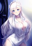  1girl absurdres arm_at_side azur_lane bangs belfast_(azur_lane) blue_eyes blush breasts buttons cleavage closed_mouth collarbone commentary_request contrapposto dress_shirt eyebrows_visible_through_hair eyelashes fingernails hand_on_own_chest highres large_breasts long_hair long_sleeves looking_at_viewer maid_headdress medium_breasts mikoto_(mio) no_bra shirt sidelocks sleeves_past_wrists smile solo unbuttoned unbuttoned_shirt very_long_hair white_hair white_shirt wing_collar 