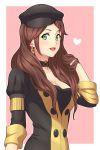 1girl beret brown_hair collar dorothea_arnault earring_removed fire_emblem fire_emblem:_three_houses green_eyes hand_in_hair hat highres long_hair looking_at_viewer rere_(yusuke) smile solo uniform 