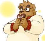  2015 anthro brown_fur candy chocolate clothing eyewear food fur glasses humanoid_hands inuryu male mammal overweight overweight_male shirt simple_background solo text topwear ursid 