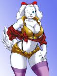  absurd_res big_breasts bird_dog blue_eyes bow breasts canid canine canis clothing cowboy_bebop domestic_dog fay_spaniel female fur hi_res hunting_dog legwear looking_at_viewer mammal midriff nintendo one_eye_closed solo spaniel star_fox stockings tongue tongue_out video_games white_fur wink 