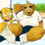  1:1 2010 anthro black_nose blush bottomwear brown_fur clothing cute_fangs duo feet felid fur humanoid_hands inuryu male mammal overweight overweight_male pantherine shirt shorts tiger topwear ursid yellow_fur 