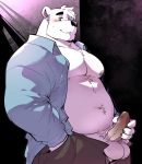  absurd_res aggressive_retsuko anthro balls belly black_nose blush clothing erection fur hi_res kokuhane male mammal masturbation penis polar_bear revealing_shirt sanrio shirota slightly_chubby smile solo unbutton_pants ursid ursine white_fur 