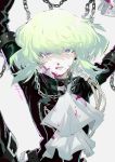  1boy black_gloves black_jacket blood blood_on_face bloody_clothes bound bound_arms collar cravat earrings gloves green_hair highres jacket jewelry kaninn lio_fotia looking_at_viewer male_focus parted_lips promare purple_eyes short_hair solo spiked_collar spikes tears 