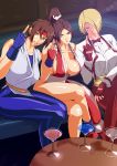  3girls alcohol arm_guards bar bare_shoulders blonde_hair blue_eyes blue_pants braid breasts brown_eyes brown_hair cleavage clenched_teeth closed_mouth couch crossed_legs cup drinking_glass fatal_fury fingerless_gloves gloves hair_between_eyes hair_tie headband high_ponytail highres iehay jacket king_(snk) large_breasts middle_finger multiple_girls ninja pants pelvic_curtain ponytail red_neckwear red_pants revealing_clothes shiranui_mai shirt sidelocks sitting smile snk spandex table teeth the_king_of_fighters thighs white_jacket white_shirt wine_glass yuri_sakazaki 