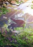  1girl black_hair blurry blurry_foreground bug building closed_eyes commentary_request day depth_of_field dragonfly flower grand_piano highres insect instrument light_rays long_hair mocha_(cotton) open_mouth orange_flower original outdoors overgrown piano plant purple_flower scenery shirt signature sitting solo sunbeam sunlight tree tree_branch vines white_flower white_shirt 