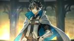  1boy armor belt black_hair buckle cape charlemagne_(fate) closed_eyes facing_viewer fate/extella fate/extella_link fate/extra fate_(series) gloves highres kotera_ryou male_focus messy_hair multicolored_hair open_mouth popped_collar smile solo two-tone_hair upper_body white_cape white_hair 