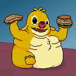  1:1 2019 3_toes alien black_eyes buckteeth chest_tuft digital_media_(artwork) disney experiment_(lilo_and_stitch) food fur holding_food holding_object lilo_and_stitch looking_at_viewer morbidly_obese obese open_mouth open_smile overweight pixel_(artwork) red_nose reuben_(lilo_and_stitch) sandwich_(food) simple_background sitting smile solo stuffedfonts teeth toes tuft yellow_fur 