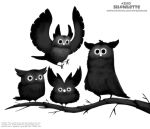  ambiguous_gender avian bird black_eyes black_feathers branch cryptid-creations feathered_wings feathers feral flying glowing glowing_eyes group humor owl pun silhouette simple_background size_difference visual_pun white_background wings wood 