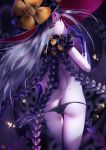  abigail_williams_(fate/grand_order) ass bare_back black_gloves black_headwear black_panties butt_crack elbow_gloves fate/grand_order fate_(series) finger_to_mouth from_behind gloves hat highres index_finger_raised keyhole long_hair looking_back lowleg lowleg_panties pale_skin panties panty_pull pulled_by_self red_eyes silver_hair smile thigh_gap thighs third_eye topless underwear vanitas_0 very_long_hair witch_hat 