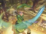  1boy bangs blonde_hair blue_eyes boots commentary_request from_above green_headwear green_shirt hat highres ho-oh_(artist) holding holding_shield holding_sword holding_weapon link long_hair looking_at_viewer master_sword pointy_ears shield shirt solo sword the_legend_of_zelda tree v-shaped_eyebrows weapon 