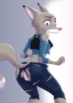  2019 abstract_background akiric alternate_species anthro bulletproof_vest butt canid canine cheek_tuft clothed clothing dipstick_ears disney elbow_tufts female fox grey_background hi_res judy_hopps looking_back mammal midriff multicolored_ears neck_tuft police_uniform post_transformation purple_eyes rear_view shoulder_tuft simple_background solo standing torn_clothing tuft uniform zootopia 