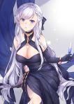  1girl :d alternate_costume azur_lane bangs belfast_(azur_lane) belfast_(the_noble_attendant)_(azur_lane) black_ribbon blush braid breasts cleavage cup dress elbow_gloves gloves hair_ribbon halter_dress highres holding holding_cup jewelry kon_(k0n16) large_breasts long_hair looking_at_viewer open_mouth purple_eyes ribbon sidelocks silver_hair smile standing 