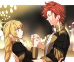  1boy 1girl blonde_hair closed_mouth dancing fire_emblem fire_emblem:_three_houses from_side garreg_mach_monastery_uniform green_eyes highres holding_hands ingrid_brandl_galatea long_hair long_sleeves messatsu_tan red_hair short_hair slap_mark sylvain_jose_gautier uniform upper_body 