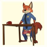  1:1 2019 animal_genitalia animal_penis anthro balls bodily_fluids border canid canine canine_penis clothing cup disney fox genital_fluids green_eyes hi_res knot looking_at_viewer male mammal mcfan nick_wilde pants_undone penis police_uniform precum simple_background solo table uniform yellow_background zootopia 