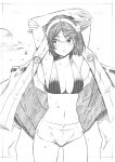  1girl :o absurdres arms_behind_head arms_up ass_visible_through_thighs bangs bikini bikini_top breasts cleavage collarbone cowboy_shot eyebrows_visible_through_hair glasses greyscale headgear highres kantai_collection kirishima_(kantai_collection) kojima_takeshi large_breasts looking_to_the_side monochrome navel open_clothes open_mouth parted_bangs ribbon_trim short_hair short_shorts shorts sideways_glance solo stomach striped swimsuit tassel v-shaped_eyebrows vertical-striped_bikini vertical_stripes water_drop 
