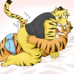  1:1 2016 anthro bed butt clothing duo felid fur inuryu japanese_text male male/male mammal orange_fur pantherine shirt slightly_chubby text tiger tongue tongue_out topwear underwear yellow_fur 