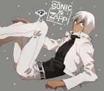  1boy animal belt black_shirt character_name closed_mouth collar dark_skin grey_background hand_on_own_knee housui_(g3hopes) jacket kekkai_sensen looking_up lying monkey pants shirt short_hair solo sonic_(kekkai_sensen) star white_hair white_jacket white_pants zap_renfro 