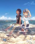  2girls blonde_hair blue_sky brown_eyes brown_hair cloud commentary_request contemporary dark_skin day goggles goggles_on_head highres light_smile medium_hair minamito multiple_girls ocean open_mouth original outdoors partially_submerged sandals shirt shoes short_hair shorts side_ponytail sitting sky sneakers snorkel starfish summer t-shirt tomboy water wet wet_clothes wet_shirt 