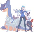  1girl alolan_ninetales autobottesla blue_eyes blue_shirt breasts clenched_hand closed_eyes commission english_commentary froslass gen_1_pokemon gen_2_pokemon gen_4_pokemon glaceon glasses lapras medium_breasts medium_hair pants pokemon pokemon_(creature) red_eyes scarf shirt shoes silver_eyes simple_background sneasel solo standing transparent_background 