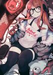  1girl arm_support black_legwear brown_hair can collarbone fur_trim glasses handheld_game_console headphones highres jacket long_hair looking_at_viewer monitor off_shoulder parororo persona persona_5 playstation_vita sakura_futaba short_shorts shorts sitting smile soda_can solo television_screen thighhighs twitter_username 