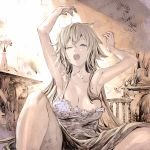  1girl armpits arms_up bare_shoulders blonde_hair blue_eyes breasts cleavage fate/grand_order fate_(series) highres jeanne_d&#039;arc_(fate) jeanne_d&#039;arc_(fate)_(all) kazama_raita large_breasts long_hair messy_hair nightgown one_eye_closed open_mouth sitting solo spread_legs strap_slip teardrop very_long_hair yawning 