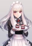  1girl alternate_costume apron bangs black_dress blunt_bangs brooch commentary_request cupcake dress enmaided expressionless fire_emblem fire_emblem:_three_houses food food_on_face grey_background haru_(toyst) holding holding_tray icing jewelry light_blush long_hair lysithea_von_ordelia maid maid_apron maid_headdress pink_eyes signature silver_hair simple_background solo tray 