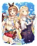  2girls :d atelier_(series) atelier_ryza belt blonde_hair blue_nails blue_ribbon breasts brown_eyes brown_hair cleavage commentary_request copyright_name cover game_cover green_eyes hair_ornament hair_ribbon hairband hairclip hat highres holding jewelry klaudia_valentz long_hair looking_at_viewer medium_breasts multiple_girls nail_polish navel necklace open_mouth red_nails red_shorts reisalin_stout ribbon short_hair short_shorts shorts smile star star_necklace thighhighs v w2398510474 white_headwear white_legwear white_ribbon 