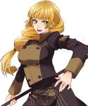  1girl ataka_takeru blonde_hair fire_emblem fire_emblem:_three_houses garreg_mach_monastery_uniform green_eyes holding holding_weapon ingrid_brandl_galatea long_hair long_sleeves open_mouth polearm simple_background solo uniform upper_body weapon white_background 