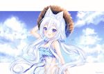  1girl :d animal_ear_fluff animal_ears arm_up bangs bare_arms bare_shoulders blue_eyes blue_ribbon blue_scrunchie blue_sky blush breasts brown_headwear cat_ears cleavage cloud cloudy_sky commentary day dress english_commentary hair_between_eyes hair_ornament hair_scrunchie hat long_hair looking_at_viewer low_twintails medium_breasts natsumii_chan navel open_mouth original ribbon scrunchie see-through sky sleeveless sleeveless_dress smile solo straw_hat twintails very_long_hair water_drop white_hair 