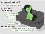  black_hair dialogue equid equine feral filly_anon green_eyes hair hi_res horse kumakum mammal my_little_pony simple_background slur sofa solo text 