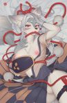  2019 accessory anthro areola bed bird&#039;s-eye_view black_nose blush breasts canid canine canis cheek_tuft chest_tuft clothing dress eyelashes female fur gloves_(marking) grey_fur grey_hair hair hair_accessory hair_tie hakuro_(onmyoji) hi_res high-angle_view inner_ear_fluff kemono long_hair looking_at_viewer lying mammal markings mzhh nipples on_back on_bed onmyoji pink_areola pink_nipples portrait pussy red_eyes solo three-quarter_portrait traditional_clothing tuft wolf 