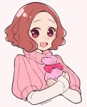 1girl :d bow brown_eyes brown_hair do_m_kaeru gift_bag long_sleeves looking_at_viewer okumura_haru open_mouth persona persona_5 pink_background pink_bow pink_sweater ribbed_sweater short_hair short_over_long_sleeves short_sleeves simple_background smile solo sweater turtleneck turtleneck_sweater twitter_username upper_body 