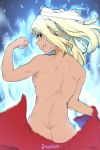  1girl ass aura blonde_hair blush breasts butt_crack character_request clenched_hand commentary_request copyright_request flexing green_eyes highres looking_at_viewer looking_back medium_hair motion_blur naked_towel pose sideboob smile solo tan toned towel turbo_engine_(rakugaki_tabo) twintails undressing 