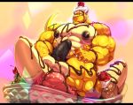  5_fingers abs absurd_res anthro balls banana big_balls big_penis black_nipples candy cherry chocolate cursedmarked dessert dragon fingers food fruit hi_res ice_cream male muscular muscular_male nipples pecs penis plant reptile scales scalie solo vein veiny_penis yellow_scales 