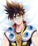  1boy brown_hair looking_at_viewer macross macross_7 male_focus mayuki_(ubiquitous) muscle nekki_basara short_hair smile solo sunglasses upper_body yellow_eyes 