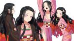  1girl :t arms_behind_back arms_up asa_no_ha_(pattern) bit_gag black_hair blush breasts carlo_montie checkered_obi claws cleavage closed_eyes gag gag_removed grin hair_ribbon highres japanese_clothes kamado_nezuko kimetsu_no_yaiba kimono long_hair looking_at_viewer multicolored_hair obi open_mouth parted_lips pink_eyes pink_kimono pink_ribbon pout profile purple_eyes red_hair ribbon sash simple_background smile solo two-tone_hair very_long_hair white_background 