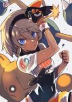  &gt;:( 1girl black_bodysuit black_hairband bodysuit bodysuit_under_clothes clenched_hand commentary_request covered_navel crop_top dark_skin frown gloves grey_hair gym_leader hair_between_eyes hairband highres hitmontop holding holding_poke_ball looking_at_viewer orange_gloves poke_ball pokemon pokemon_(game) pokemon_swsh rumie saitou_(pokemon) short_sleeves single_glove thick_eyebrows two-tone_gloves ultra_ball wristband 