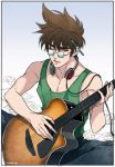  1boy behind_ear brown_hair green_shirt guitar headphones headphones_around_neck holding holding_instrument instrument looking_at_viewer macross macross_7 male_focus mayuki_(ubiquitous) muscle nekki_basara one_eye_closed parted_lips pencil shirt sitting sunglasses teeth yellow_eyes 