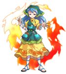  1girl :d alphes_(style) apron arm_ribbon between_fingers blue_hair blue_ribbon chisel commentary_request dairi dress eyebrows_visible_through_hair fire flower full_body green_apron haniyasushin_keiki head_scarf highres jewelry long_hair looking_at_viewer magatama magatama_necklace necklace open_mouth parody pocket puffy_short_sleeves puffy_sleeves purple_eyes revision ribbon sandals short_sleeves smile solo standing style_parody tachi-e tools touhou transparent_background yellow_dress 