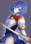  1girl agatemarine armor blue_dress blue_eyes blue_hair breastplate catria_(fire_emblem) cowboy_shot dress fire_emblem fire_emblem:_mystery_of_the_emblem fire_emblem:_shadow_dragon fire_emblem_echoes:_shadows_of_valentia fire_emblem_gaiden fire_emblem_heroes grey_background headband lance lips looking_at_viewer polearm short_dress short_hair side_slit simple_background solo thighs twitter_username weapon 