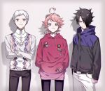  1girl 2boys ahoge argyle argyle_sweater arm_at_side belt black_hair black_pants boy_sandwich braid casual clenched_hand closed_mouth collared_shirt cowboy_shot crossed_arms dress_shirt emma_(yakusoku_no_neverland) green_eyes hair_over_one_eye hands_in_pocket hood hood_down hoodie jacket long_sleeves looking_at_viewer maniwa multiple_boys norman_(yakusoku_no_neverland) one_eye_covered pants ray_(yakusoku_no_neverland) red_hair sandwiched shirt side-by-side side_braid single_braid smirk sweater torn_clothes torn_pants white_hair white_pants white_shirt yakusoku_no_neverland 