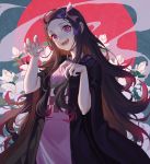  1girl absurdres black_hair breasts checkered_obi claw_pose cowboy_shot fangs fingernails flower forehead gag gradient_hair hair_ribbon haori highres japanese_clothes kamado_nezuko kimetsu_no_yaiba kimono long_hair looking_at_viewer multicolored_hair open_mouth pink_eyes pink_kimono red_hair ribbon sharp_fingernails small_breasts smile solo two-tone_hair wide_sleeves yus 