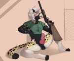  anthro armor balls bodily_fluids cheetah digital_media_(artwork) doom erection felid feline fur gun hair hi_res knot kyari_(adversarii) looking_at_viewer male mammal nude ranged_weapon shotgun solo spots spotted_fur strawberrypunchz tongue tongue_out video_games weapon 