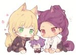  3girls animal_ears bernadetta_von_varley blonde_hair blush_stickers chibi fire_emblem fire_emblem:_three_houses fox_ears fox_tail garreg_mach_monastery_uniform green_eyes hand_on_another&#039;s_head ingrid_brandl_galatea kvlen long_hair long_sleeves mouse_ears mouse_tail multiple_girls open_mouth petra_macneary ponytail purple_hair short_hair simple_background sitting tail uniform white_background 