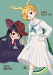  2girls absurdres alternate_costume black_hair blonde_hair blue_sailor_collar blue_serafuku blue_skirt blush brown_eyes character_name commentary_request cowboy_hat dragon_horns dragon_tail eighth_note elbow_rest feet_out_of_frame green_background green_neckwear hat head_in_hand head_tilt highres horns indian_style iris_anemone kicchou_yachie kneehighs kurokoma_saki long_sleeves looking_at_viewer multiple_girls musical_note neckerchief open_mouth pleated_skirt ponytail red_eyes red_neckwear sailor_collar school_uniform serafuku short_hair simple_background sitting skirt smile sparkle standing tail touhou upper_teeth v white_legwear white_sailor_collar white_serafuku white_skirt 